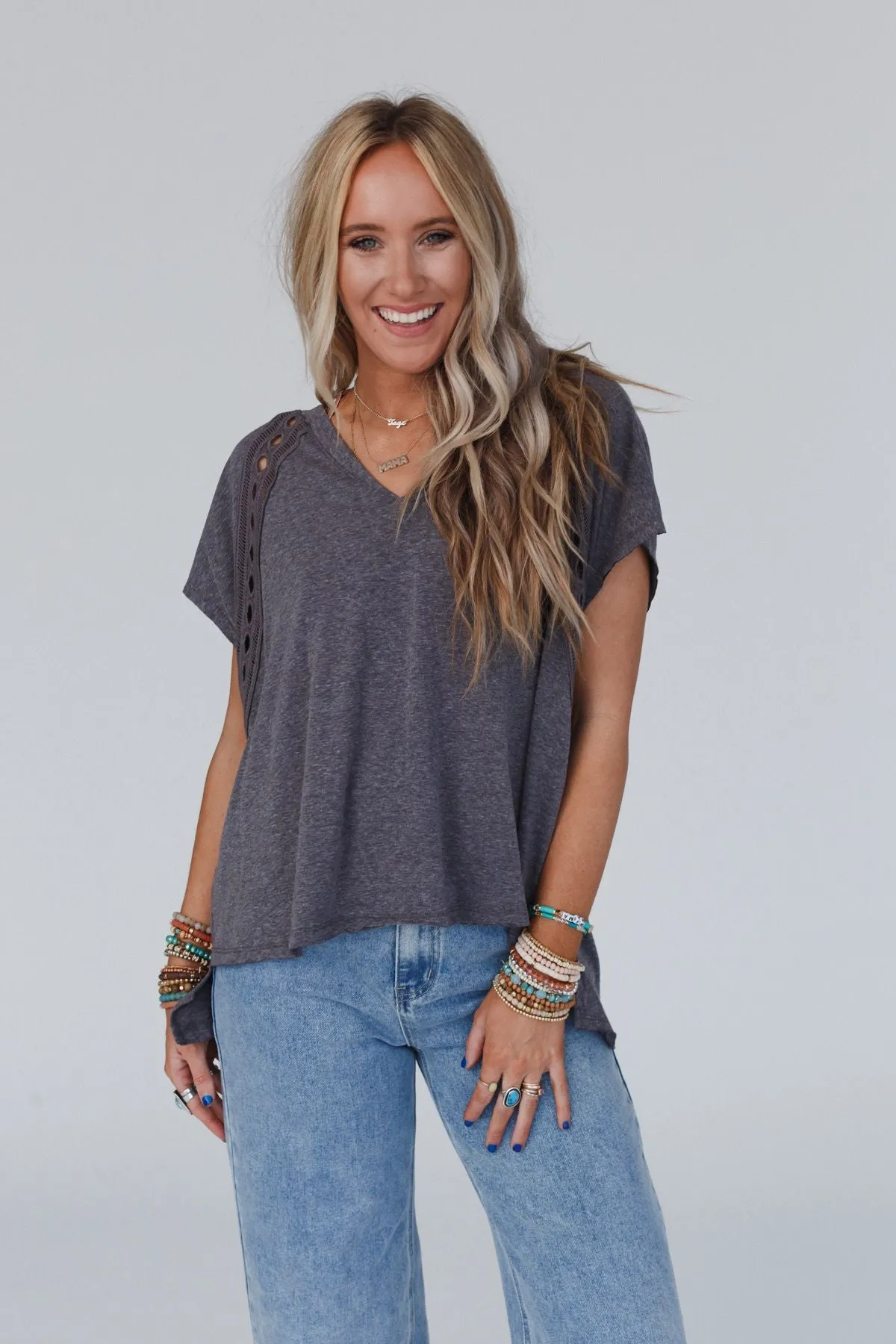 Camden Lace V Neck Top - Charcoal