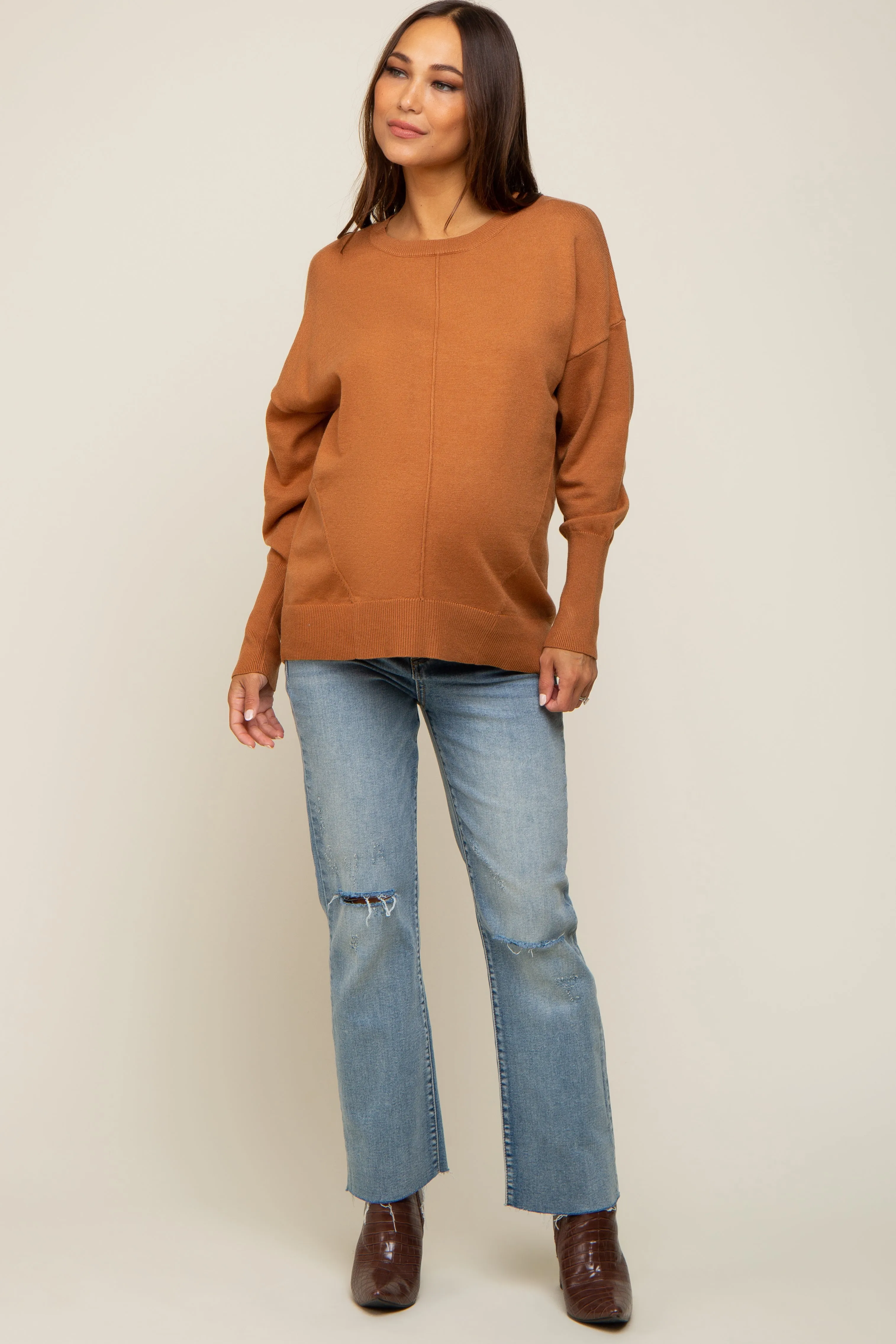 Camel Rib Knit Exposed Seam Maternity Sweater