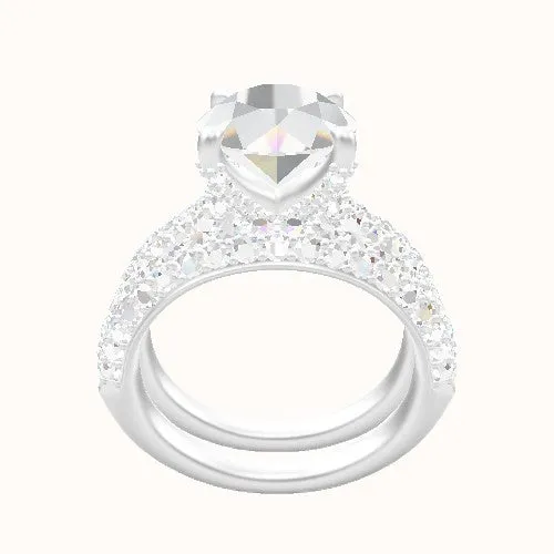 Cathedral Three Row Pave Engagement Ring With Double Pave V Prong Head and Matching Band