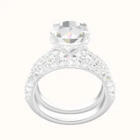 Cathedral Three Row Pave Engagement Ring With Pave Basket Head and Matching Band