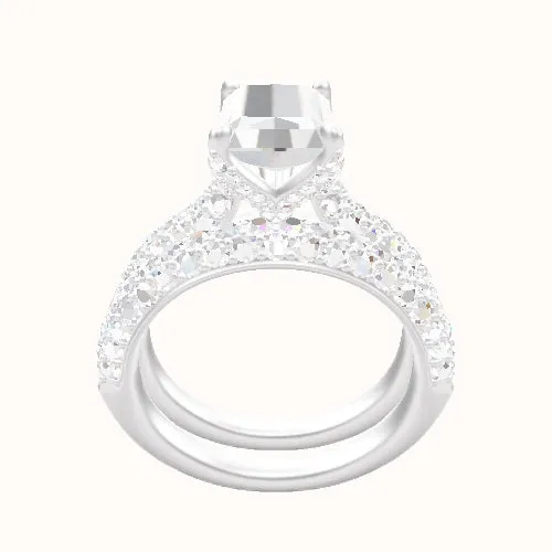 Cathedral Three Row Pave Engagement Ring With Pave Petal Four Prong Head and Matching Band