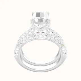 Cathedral Three Row Pave Engagement Ring With Pave Petal Four Prong Head and Matching Band