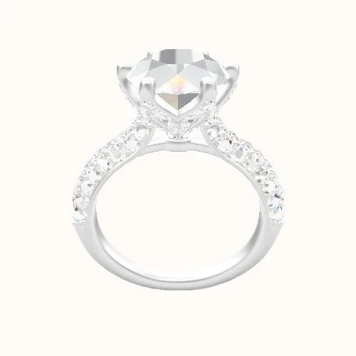 Cathedral Three Row Pave Engagement Ring With Pave Petal Six Prong Head