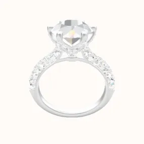 Cathedral Three Row Pave Engagement Ring With Pave Petal Six Prong Head