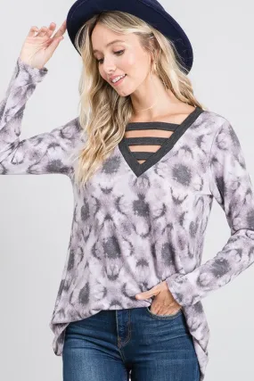 Charcoal Clover Tie-Dye Ladder V-Neck Top - Soft French Terry Tunic