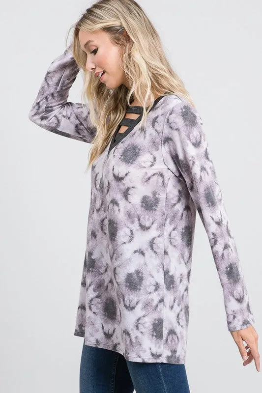 Charcoal Clover Tie-Dye Ladder V-Neck Top - Soft French Terry Tunic