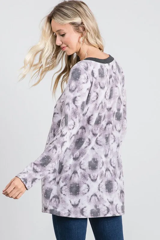 Charcoal Clover Tie-Dye Ladder V-Neck Top - Soft French Terry Tunic