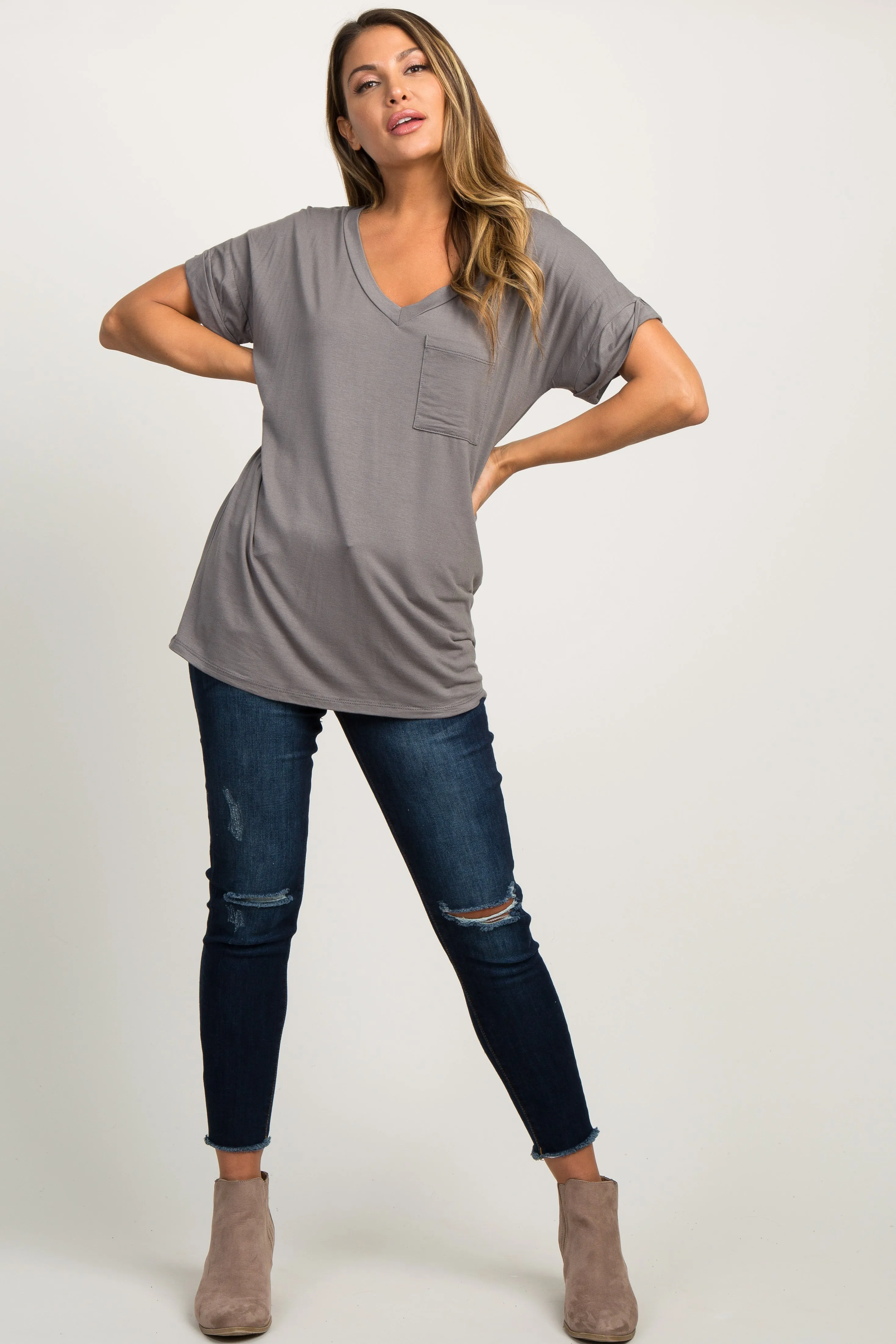 Charcoal Grey Basic V-Neck Pocket Top