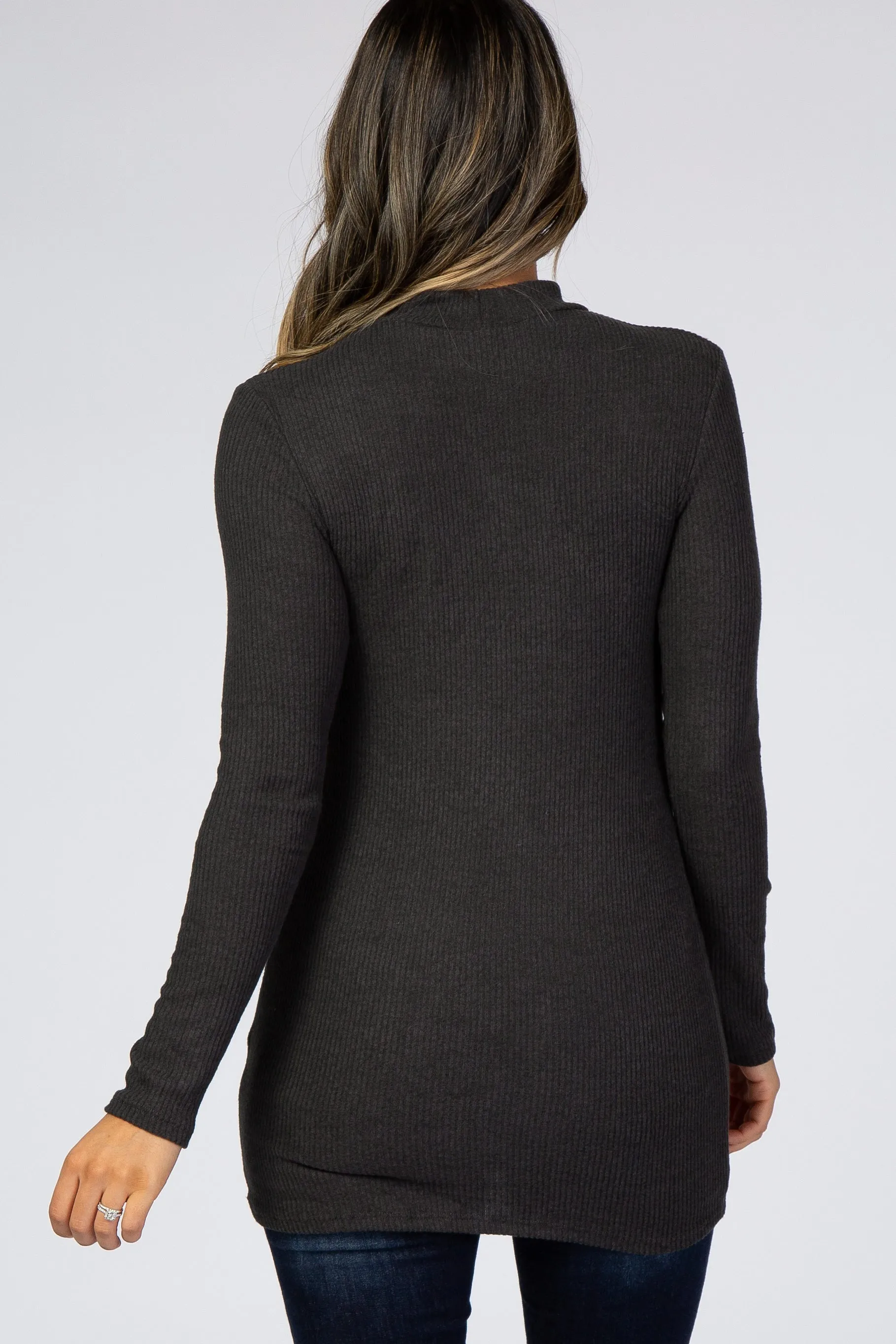 Charcoal Ribbed Long Sleeve Mock Neck Top