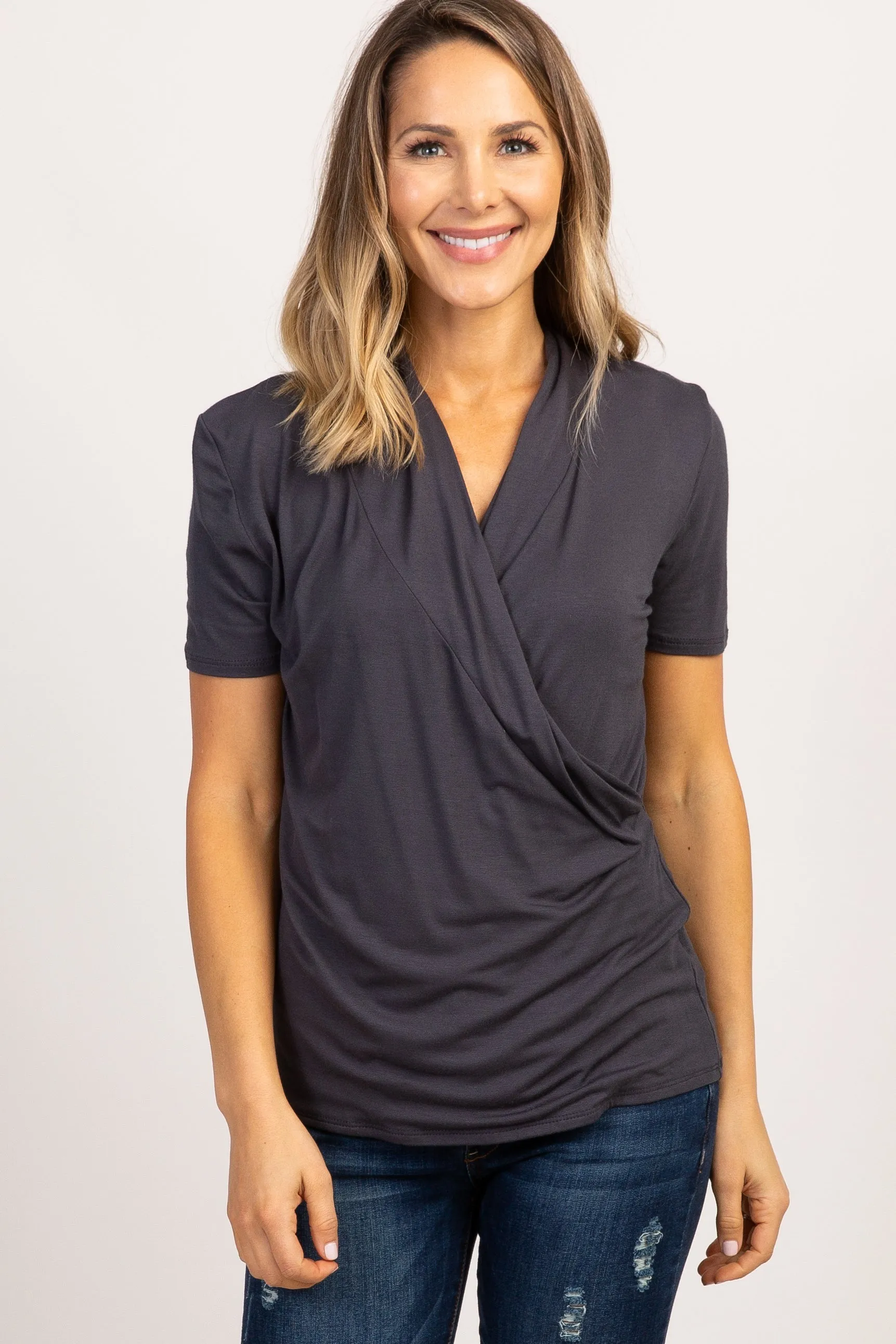 Charcoal Solid Short Sleeve Wrap Front Maternity/Nursing Top