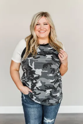 Cheerfully Charming Camo Print Top- Charcoal