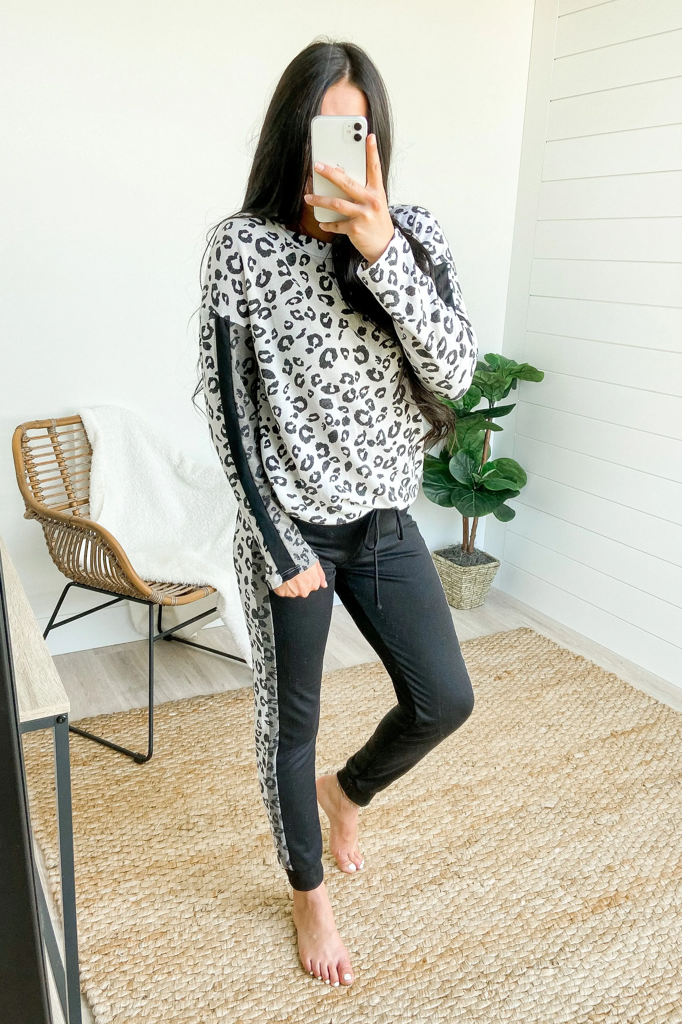 Cheetah Print Long Sleeve Top- Ivory, Charcoal, Black