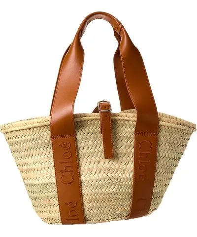 Chloe Sense Medium Raffia & Leather Basket Tote