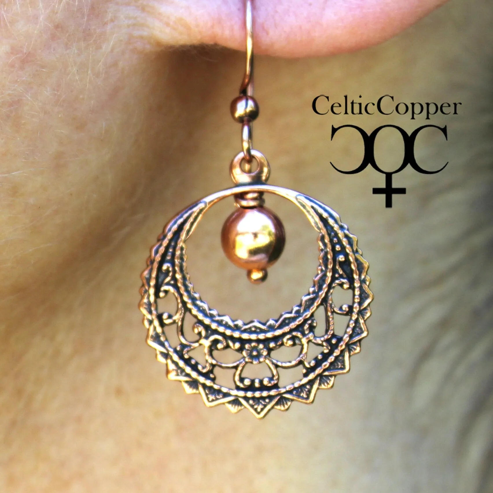 Copper Filigree Crescent Hoop Earrings with Gemstone Drops ECD48G Solid Copper Earrings With Gemstones