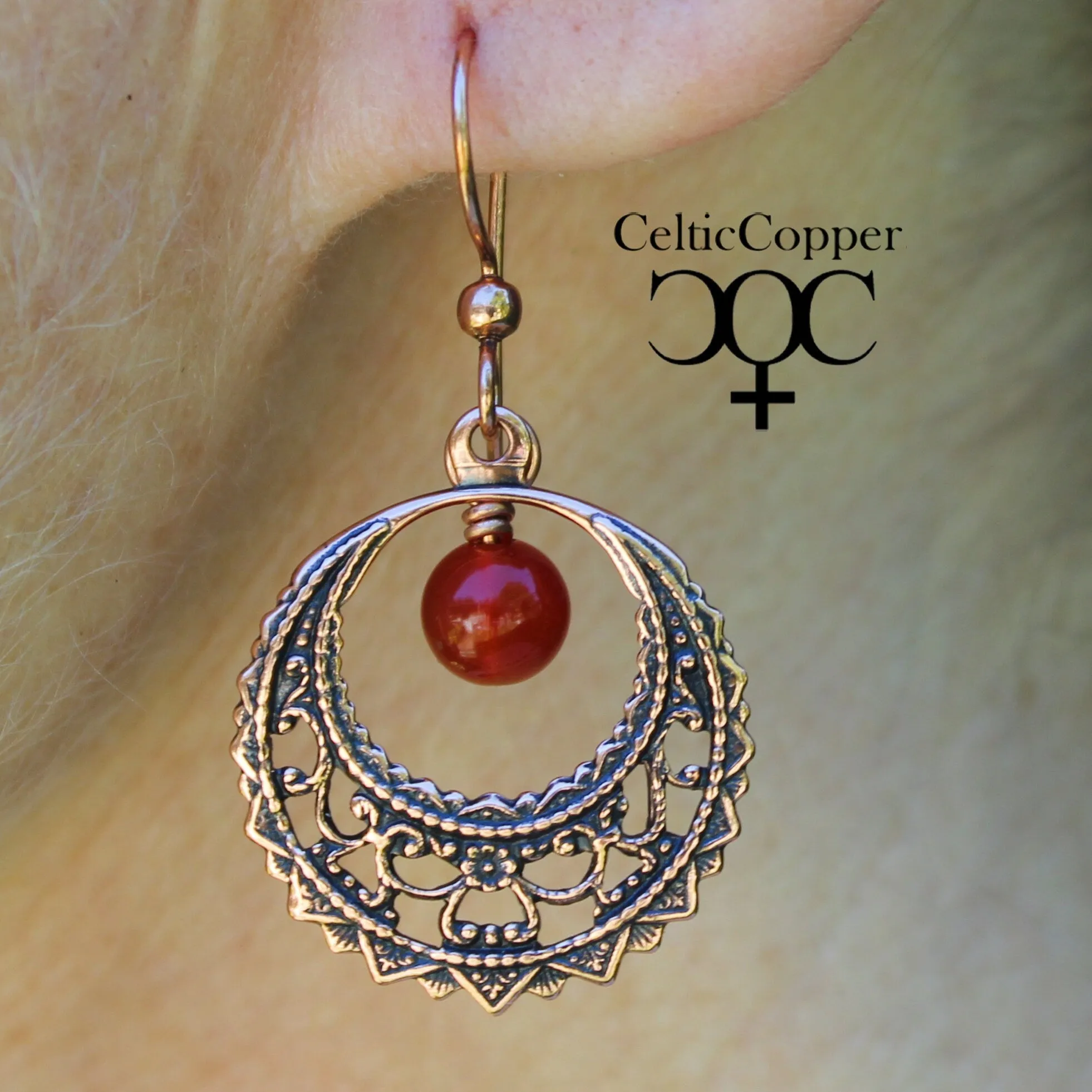 Copper Filigree Crescent Hoop Earrings with Gemstone Drops ECD48G Solid Copper Earrings With Gemstones