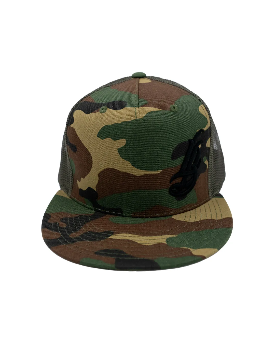 Cursive LB Black on Camo Trucker Hat