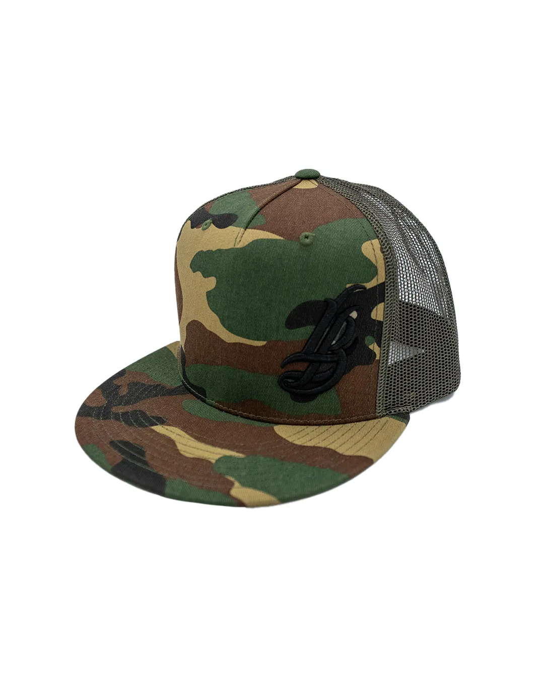 Cursive LB Black on Camo Trucker Hat