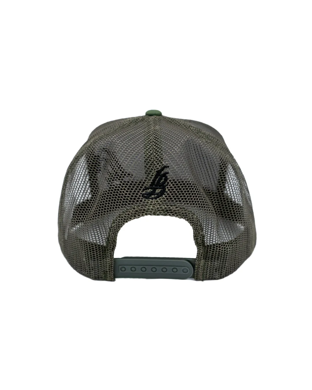 Cursive LB Black on Camo Trucker Hat