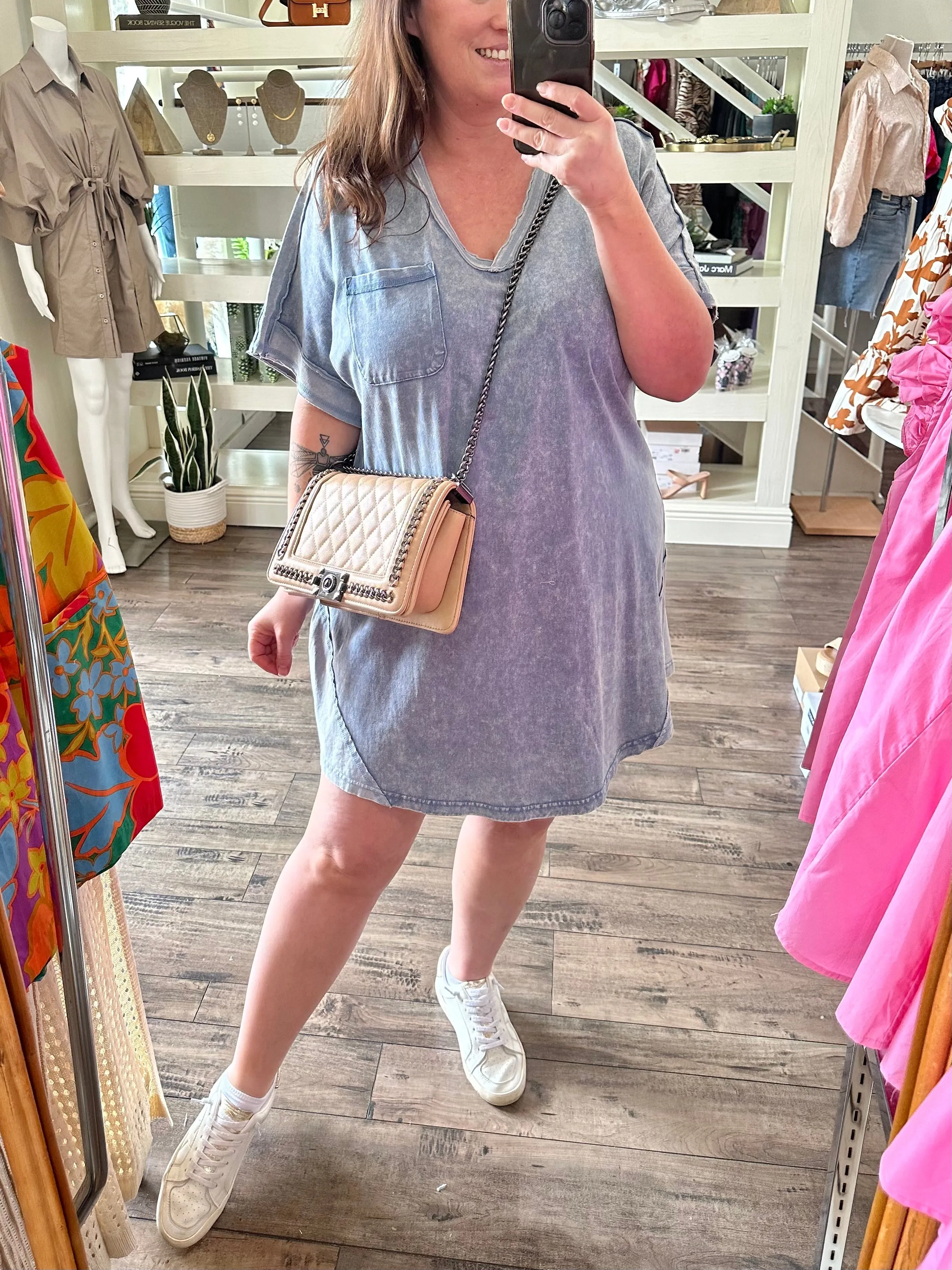 Curvy Acid Wash V-Neck Shirt Dress