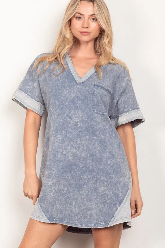 Curvy Acid Wash V-Neck Shirt Dress