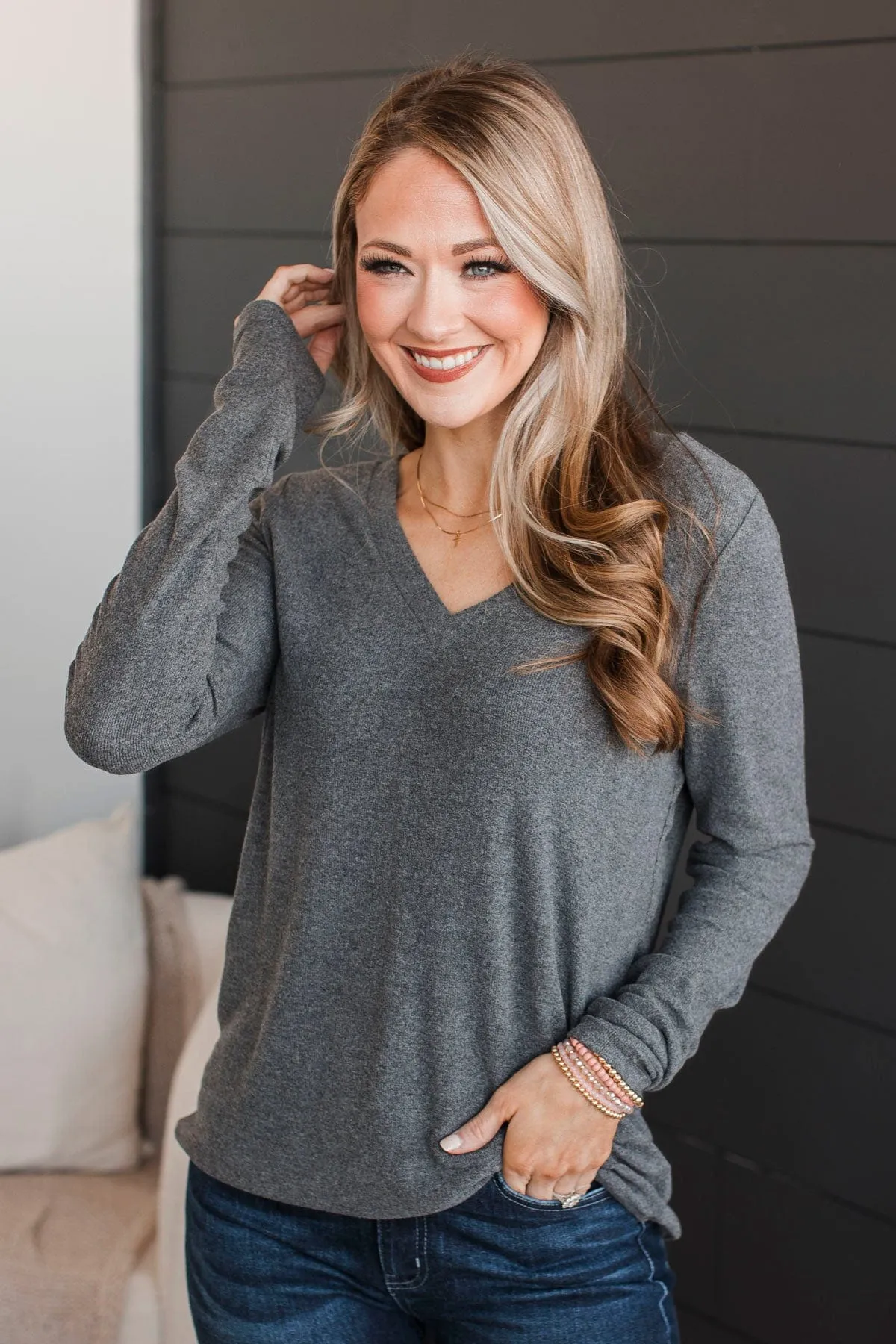 Dearest Memories V-Neck Top- Charcoal