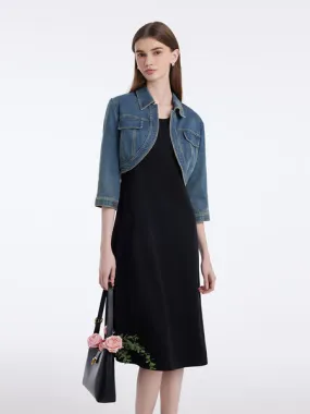 Denim Crop Jacket And Knitted Vest Dress Two-Piece Set 