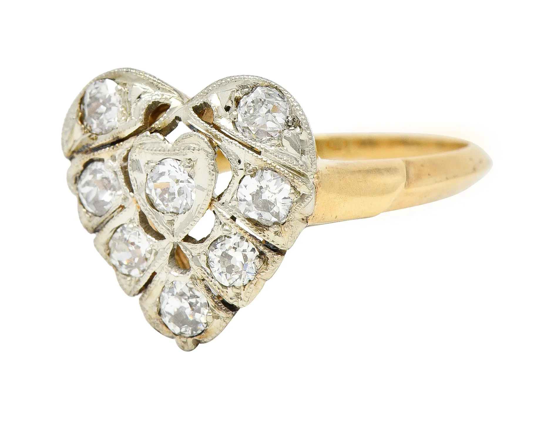 Edwardian 0.74 CTW Diamond Platinum-Topped 14 Karat Gold Antique Heart Ring