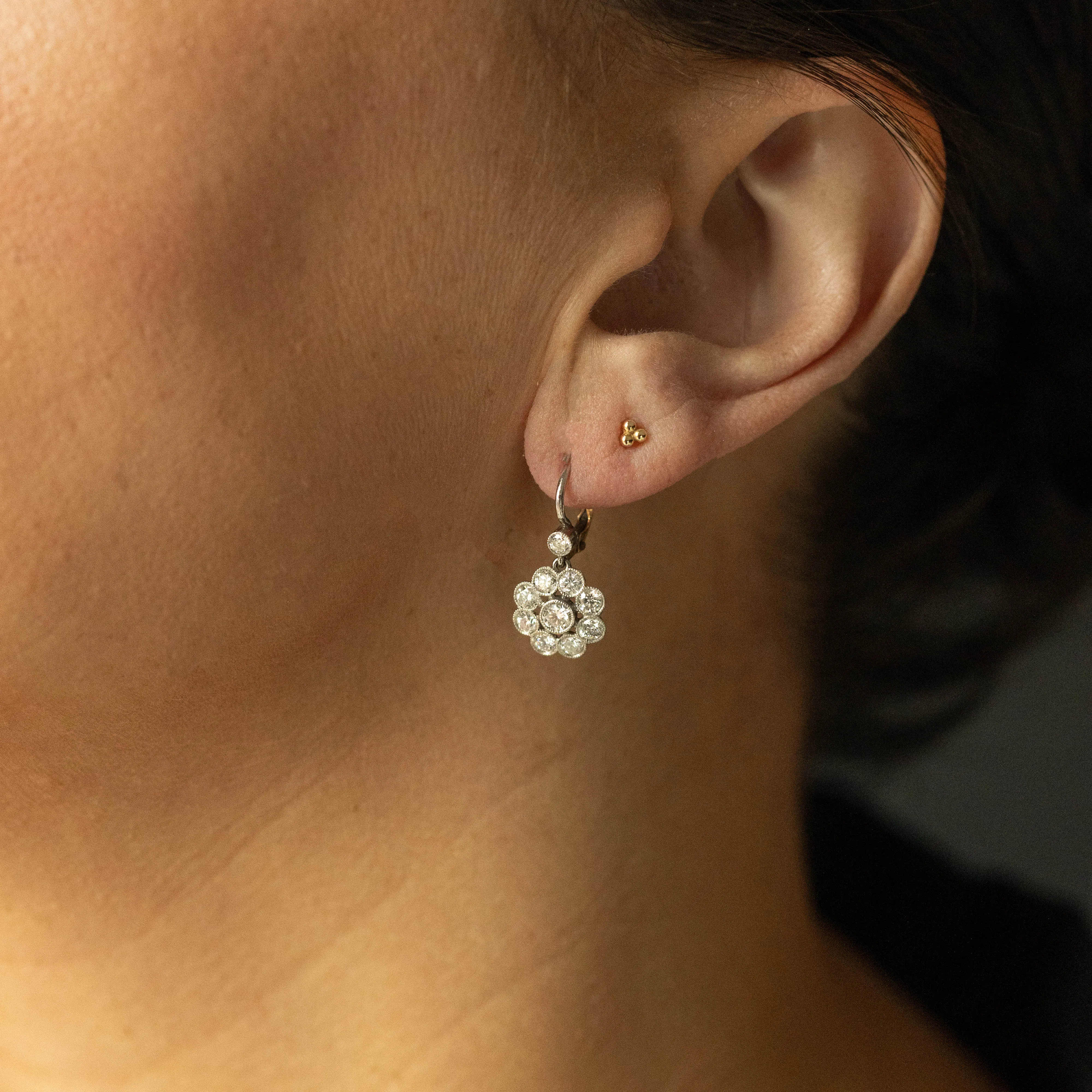 Edwardian Inspired 1.65 Carat Diamond Cluster Drop Earrings