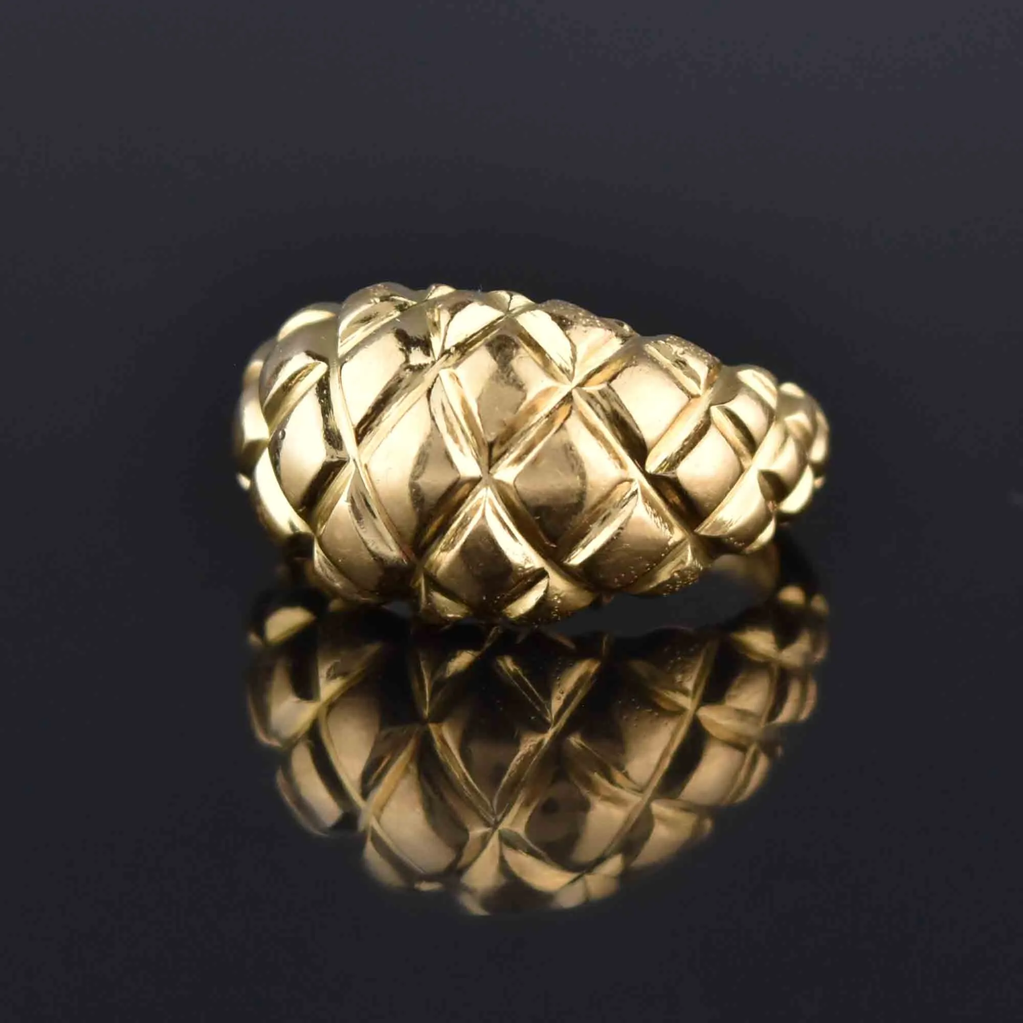 Estate 18K Gold Diamond Pattern Bombe Ring