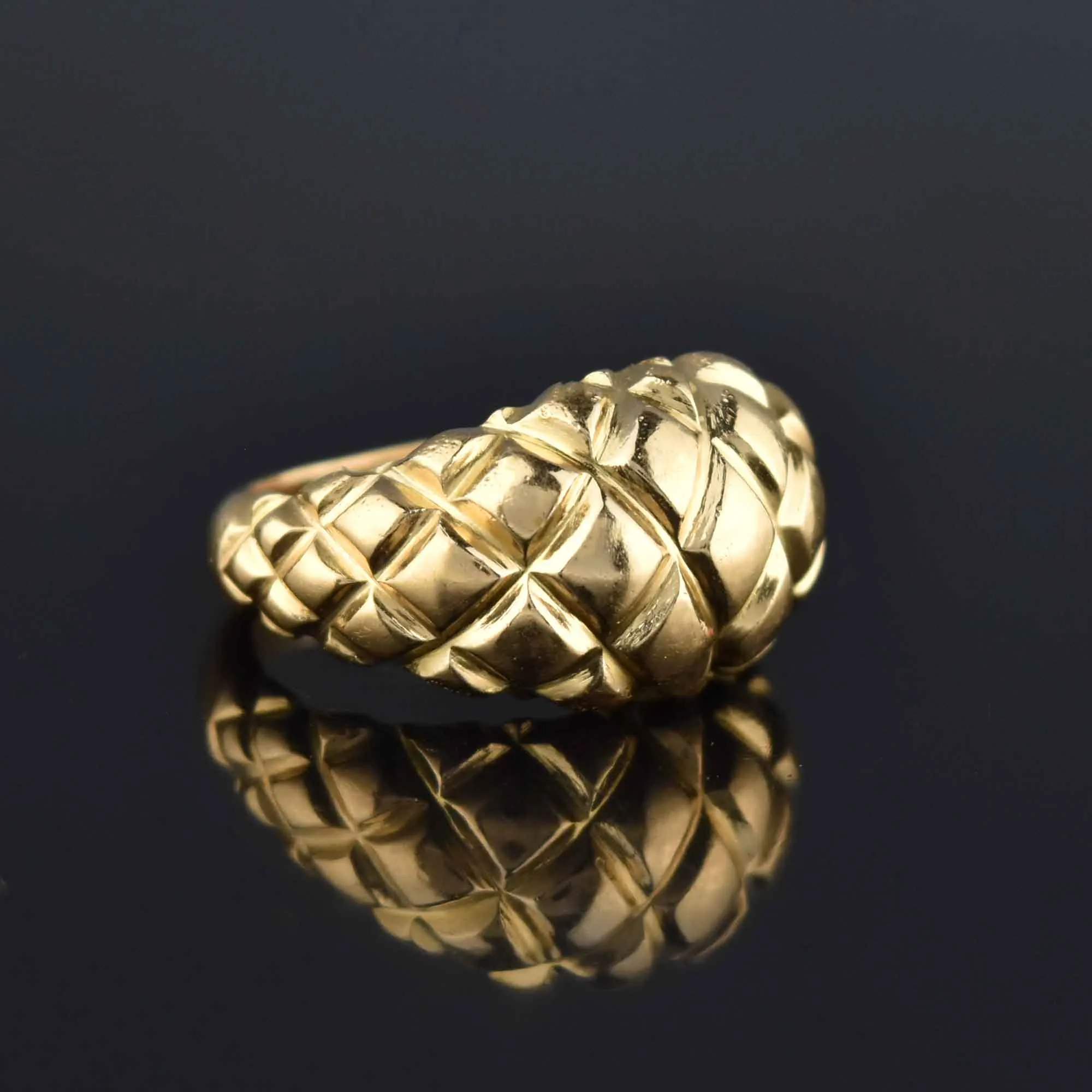 Estate 18K Gold Diamond Pattern Bombe Ring