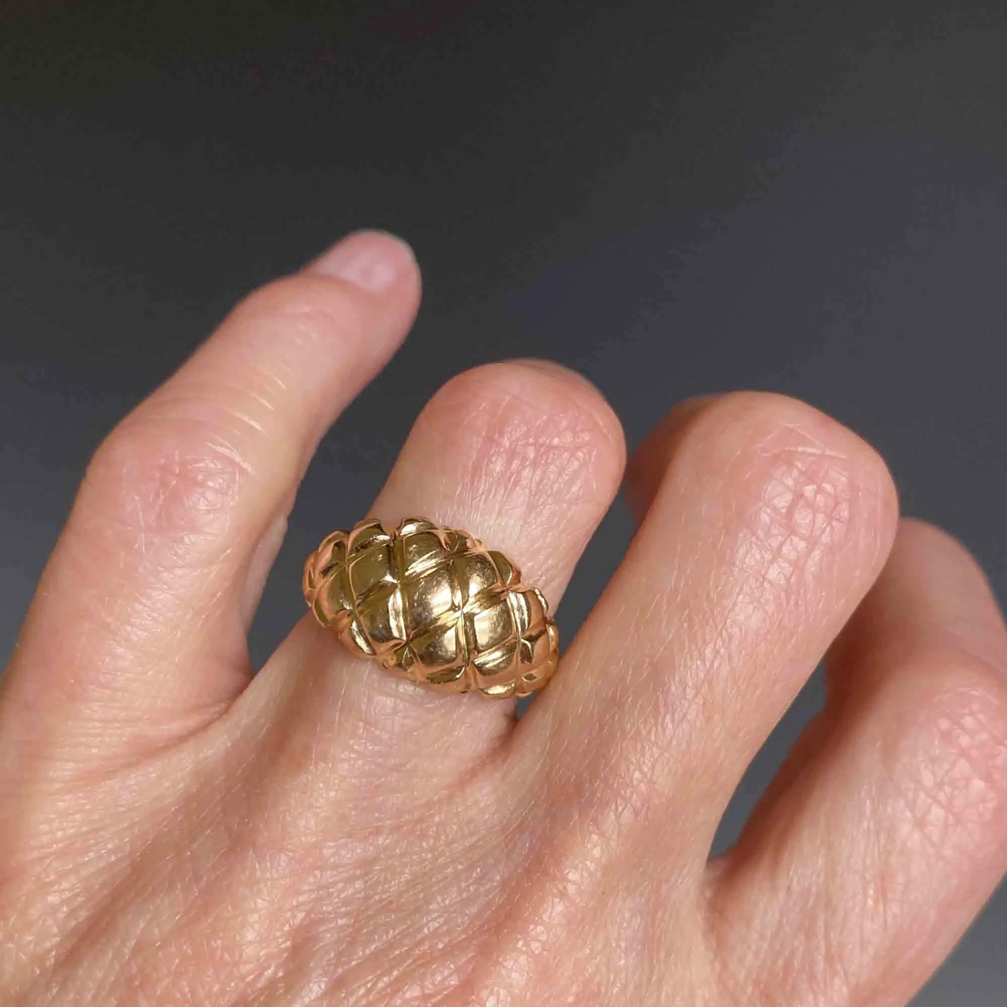 Estate 18K Gold Diamond Pattern Bombe Ring