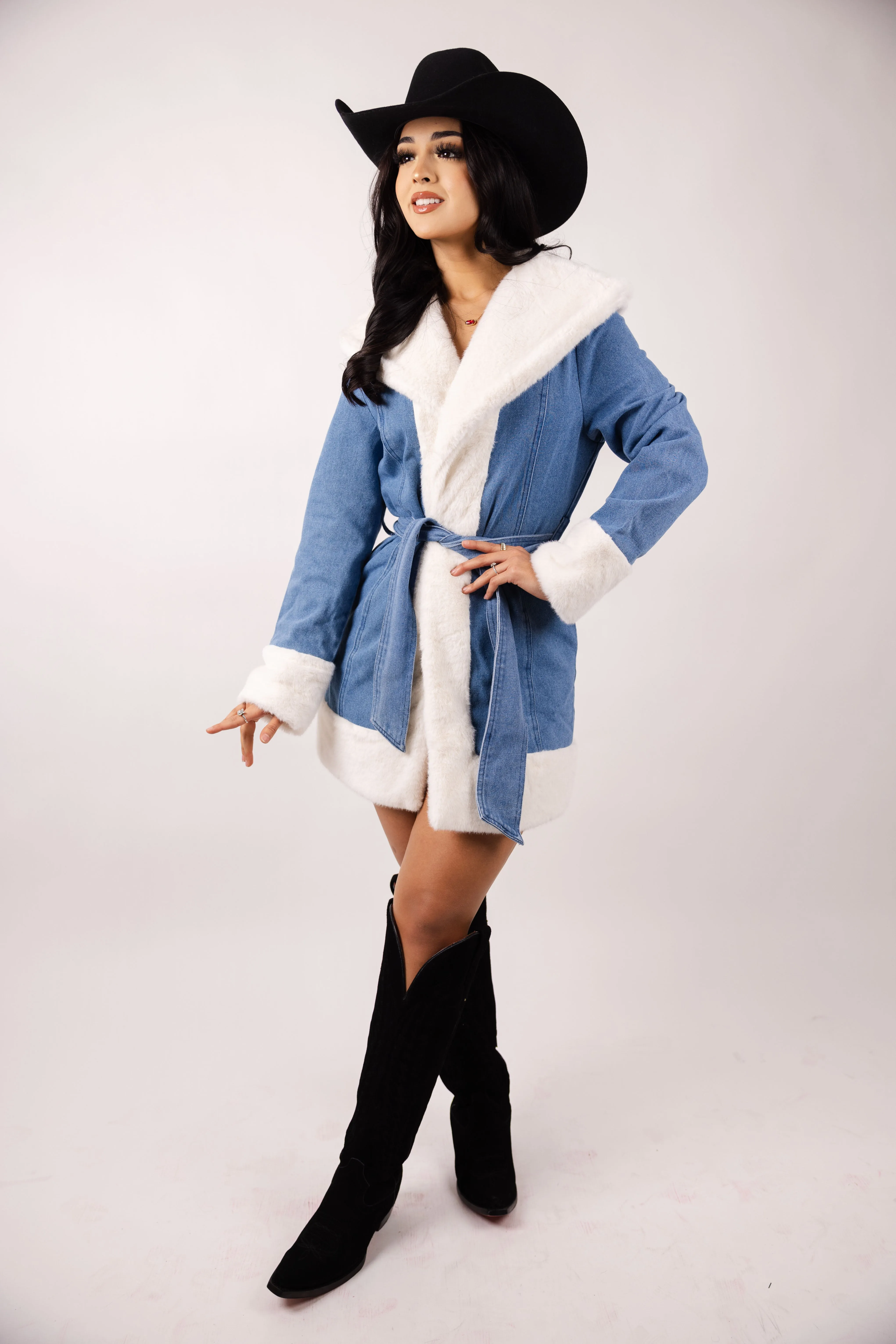 Faux Fur Lined Denim Coat With Sash