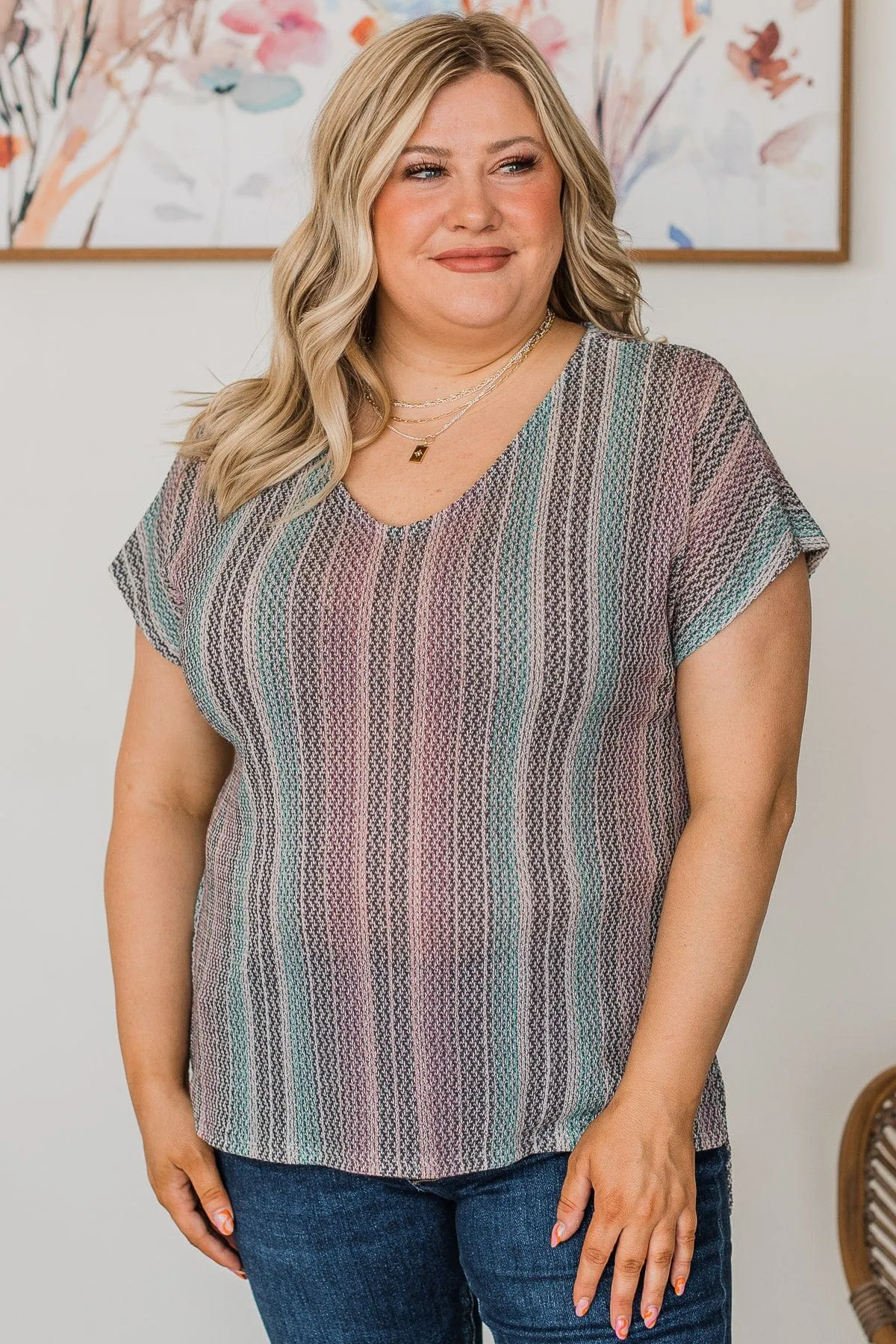 Feeling Sparks Knit Top- Charcoal, Mauve, & Blue