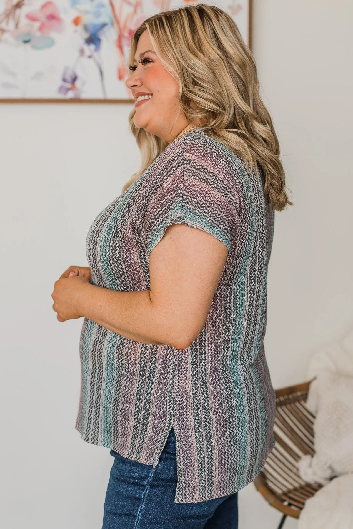 Feeling Sparks Knit Top- Charcoal, Mauve, & Blue