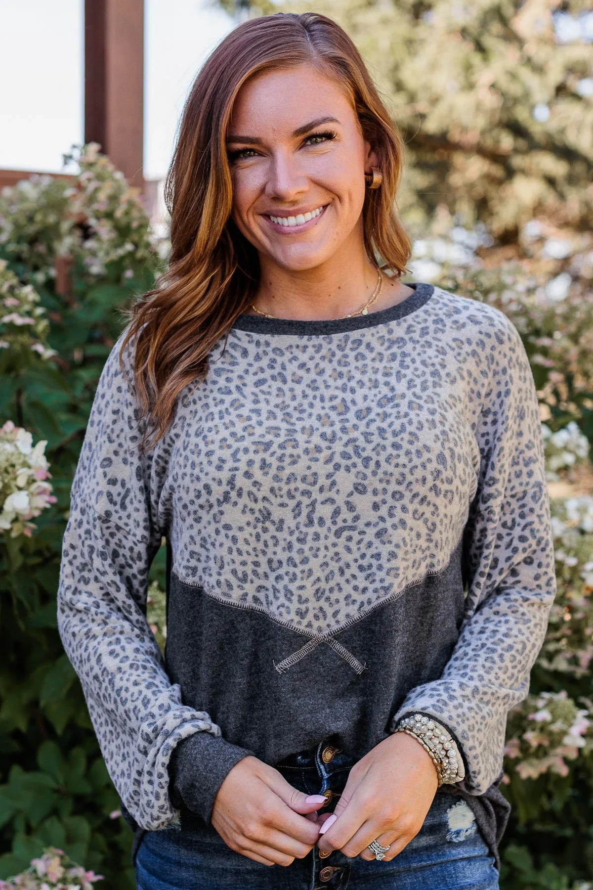 Find Your Wild Leopard Print Top- Charcoal