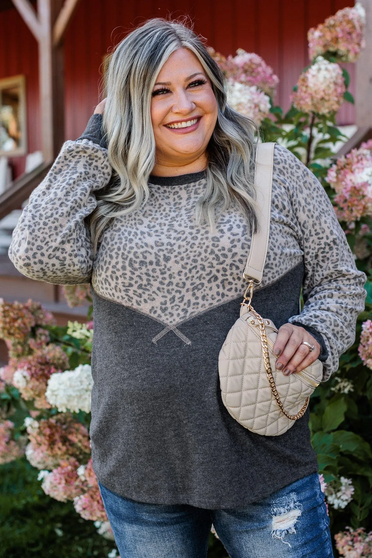 Find Your Wild Leopard Print Top- Charcoal