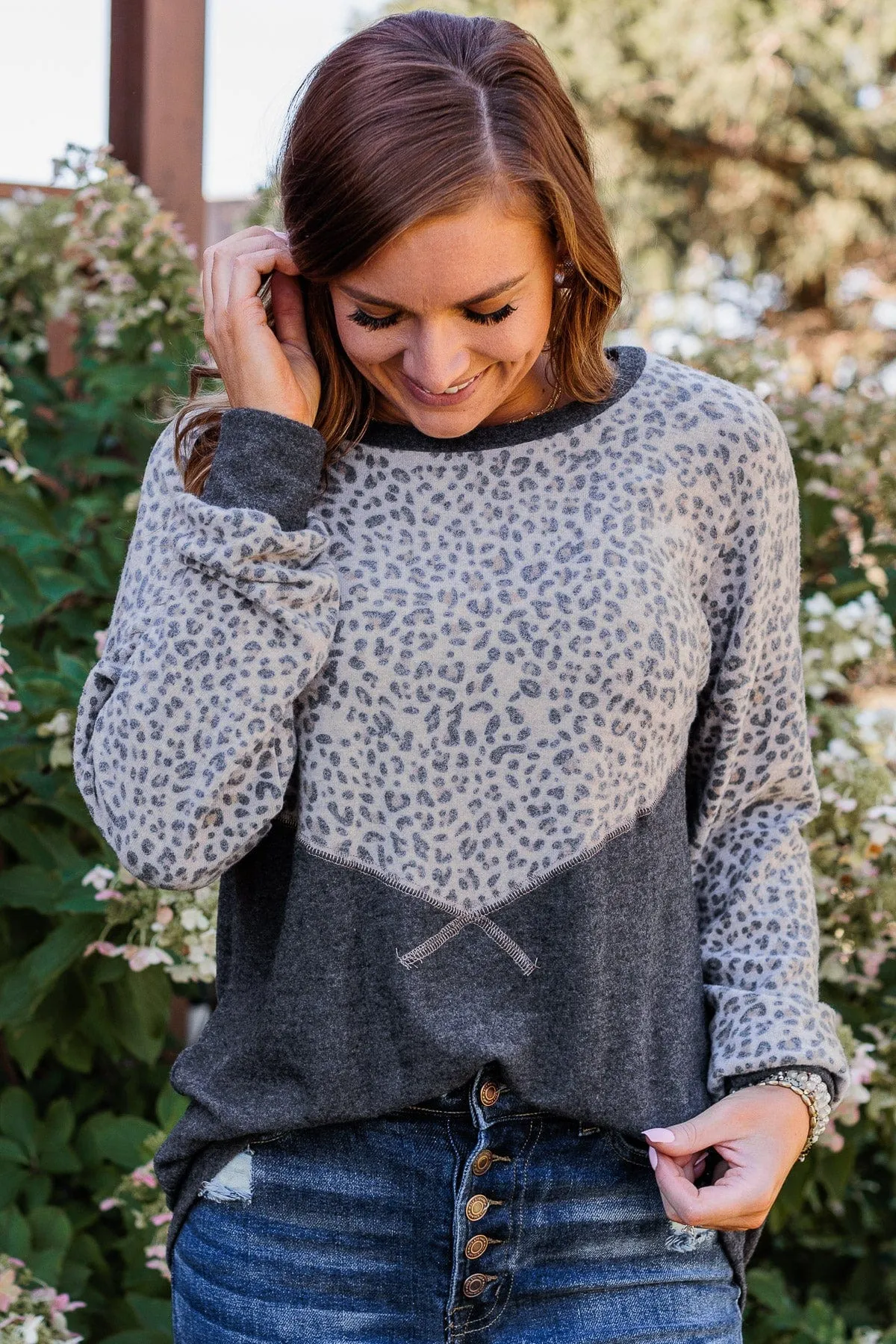 Find Your Wild Leopard Print Top- Charcoal