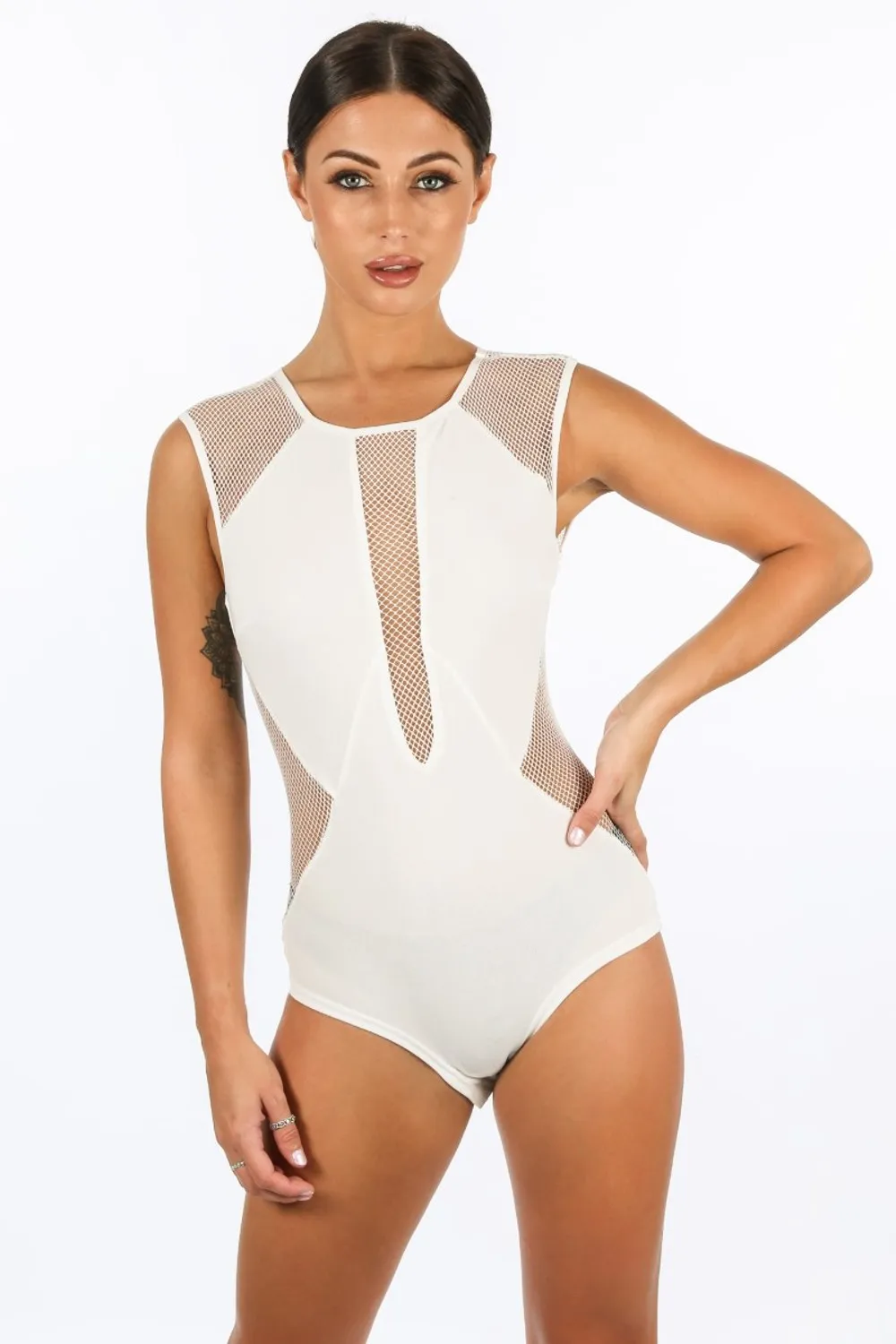 Fishnet Insert Bodysuit In White