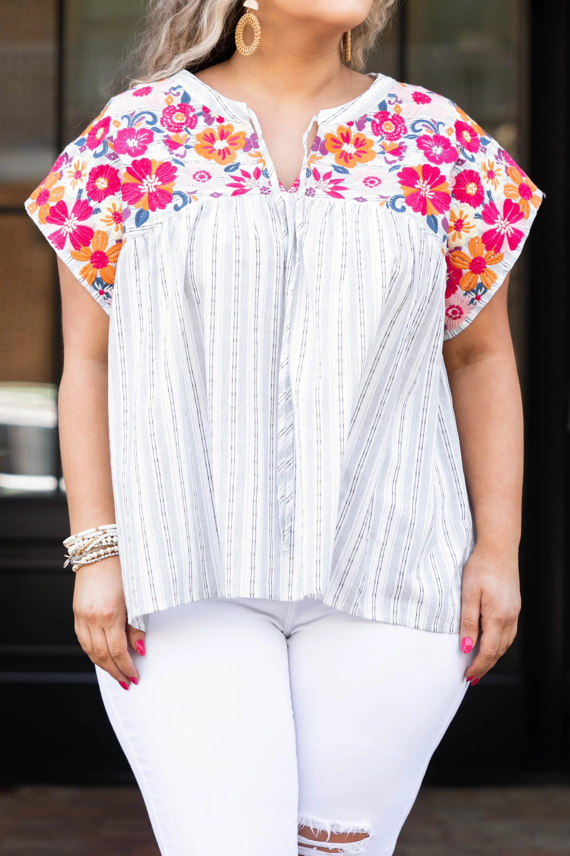 Flower Power Top, Ivory Charcoal