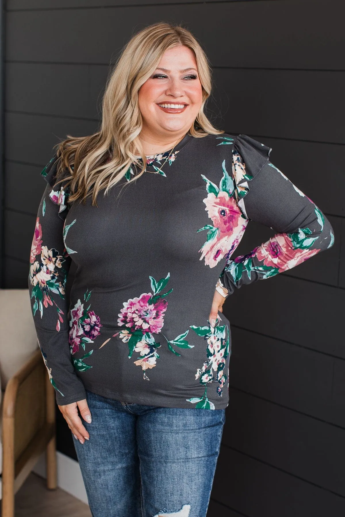 Forever Adored Floral Top- Charcoal