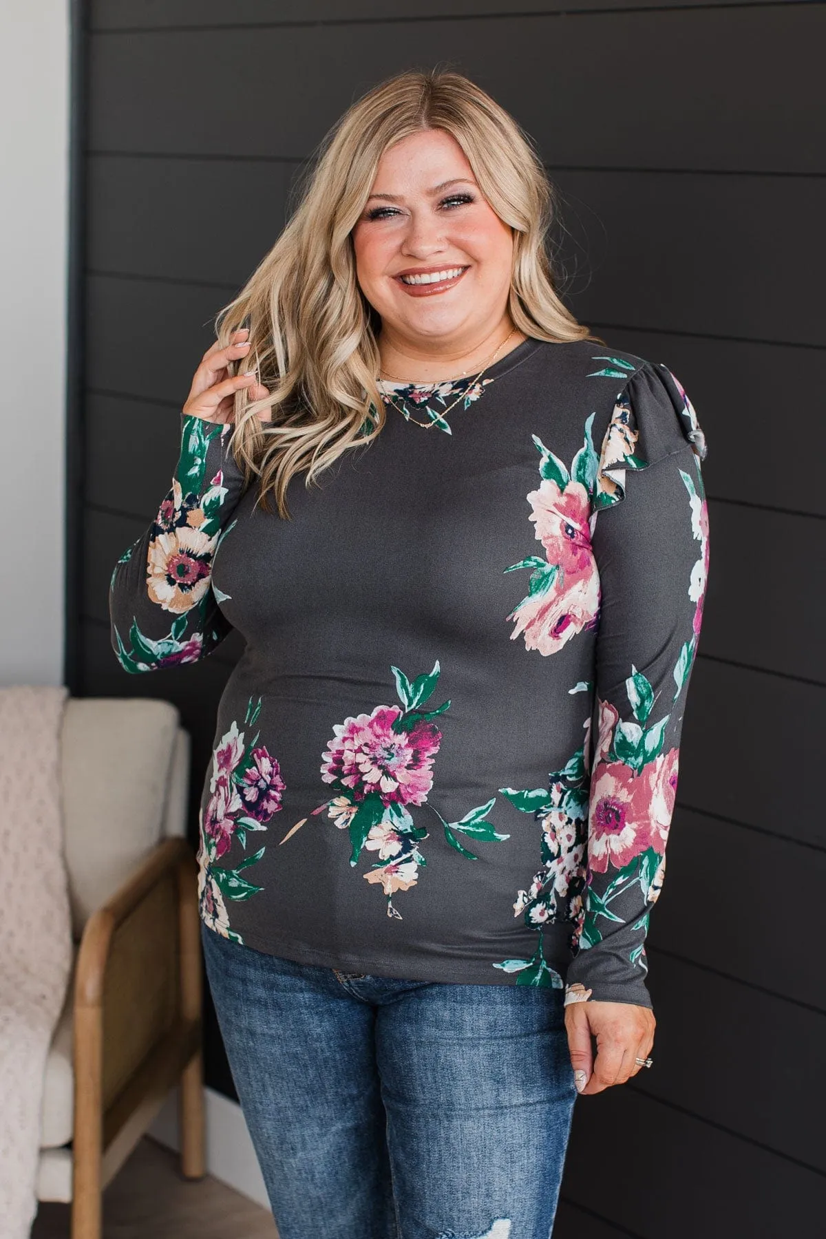 Forever Adored Floral Top- Charcoal