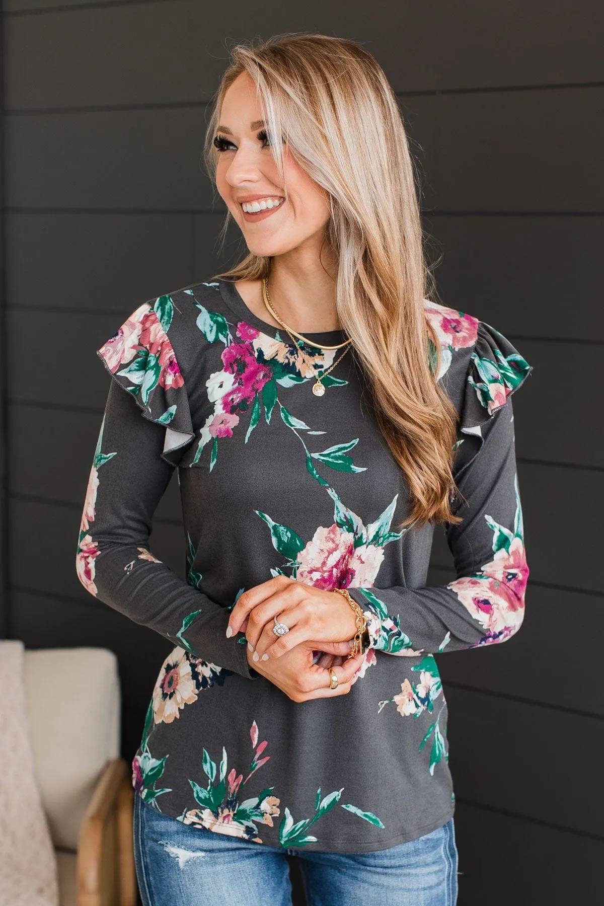 Forever Adored Floral Top- Charcoal