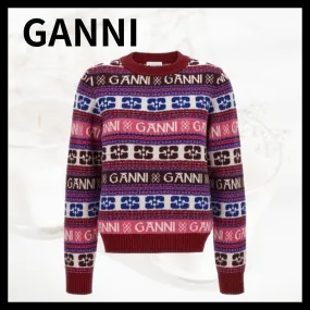 Ganni  |Crew Neck Stripes Monogram Casual Style Wool Long Sleeves