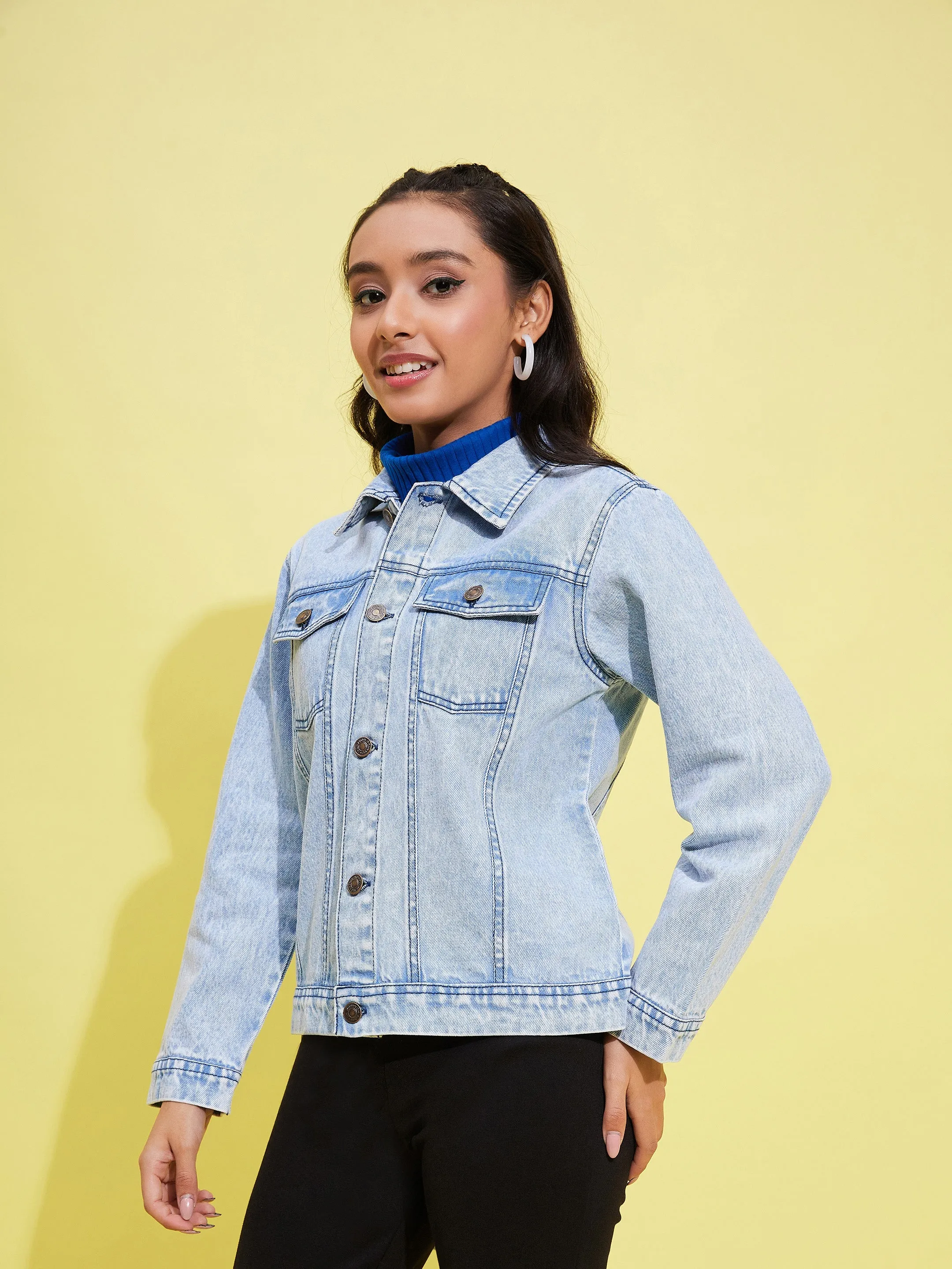 Girls Ice Blue Acid Wash Denim Jacket