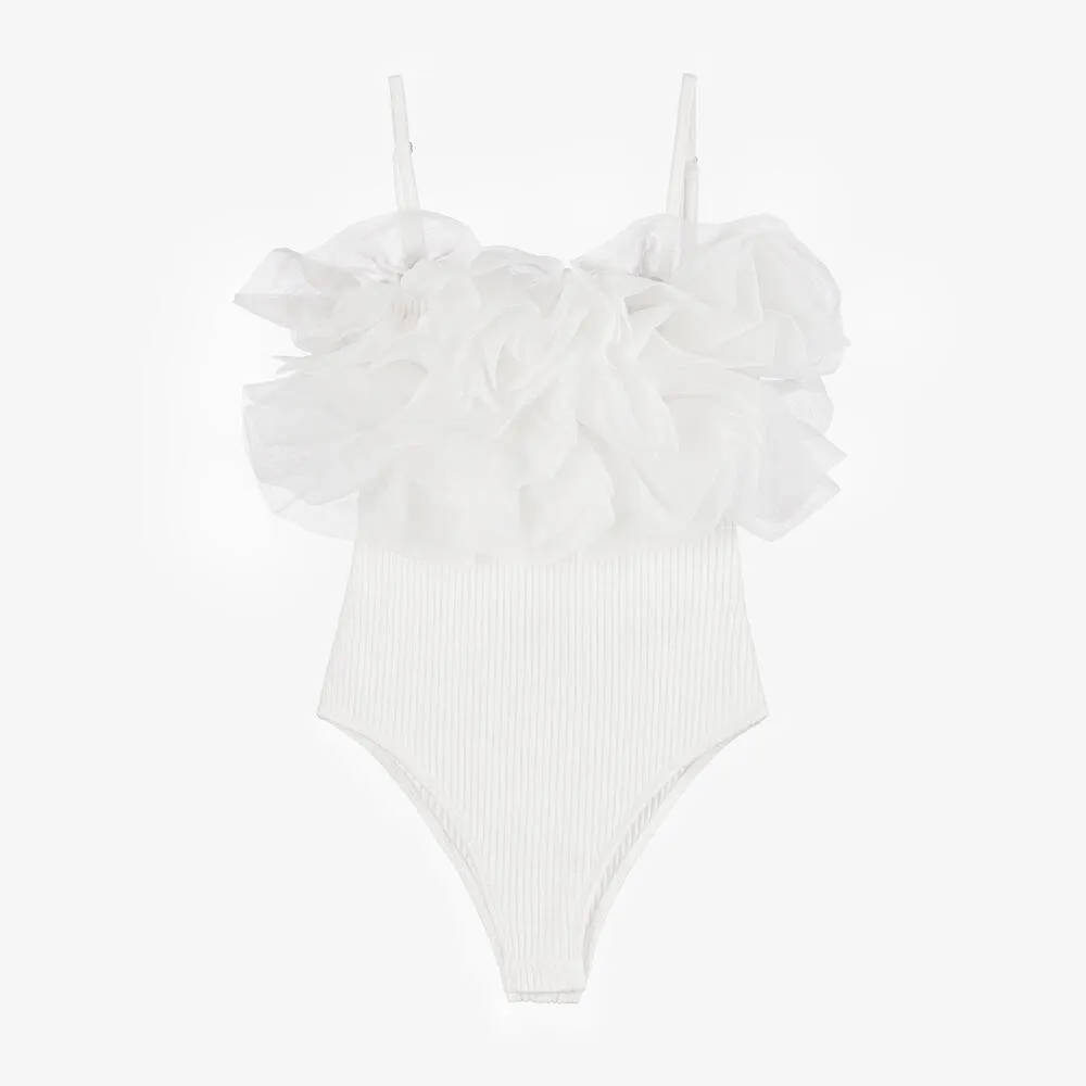 Girls White Cotton & Organza Bodysuit