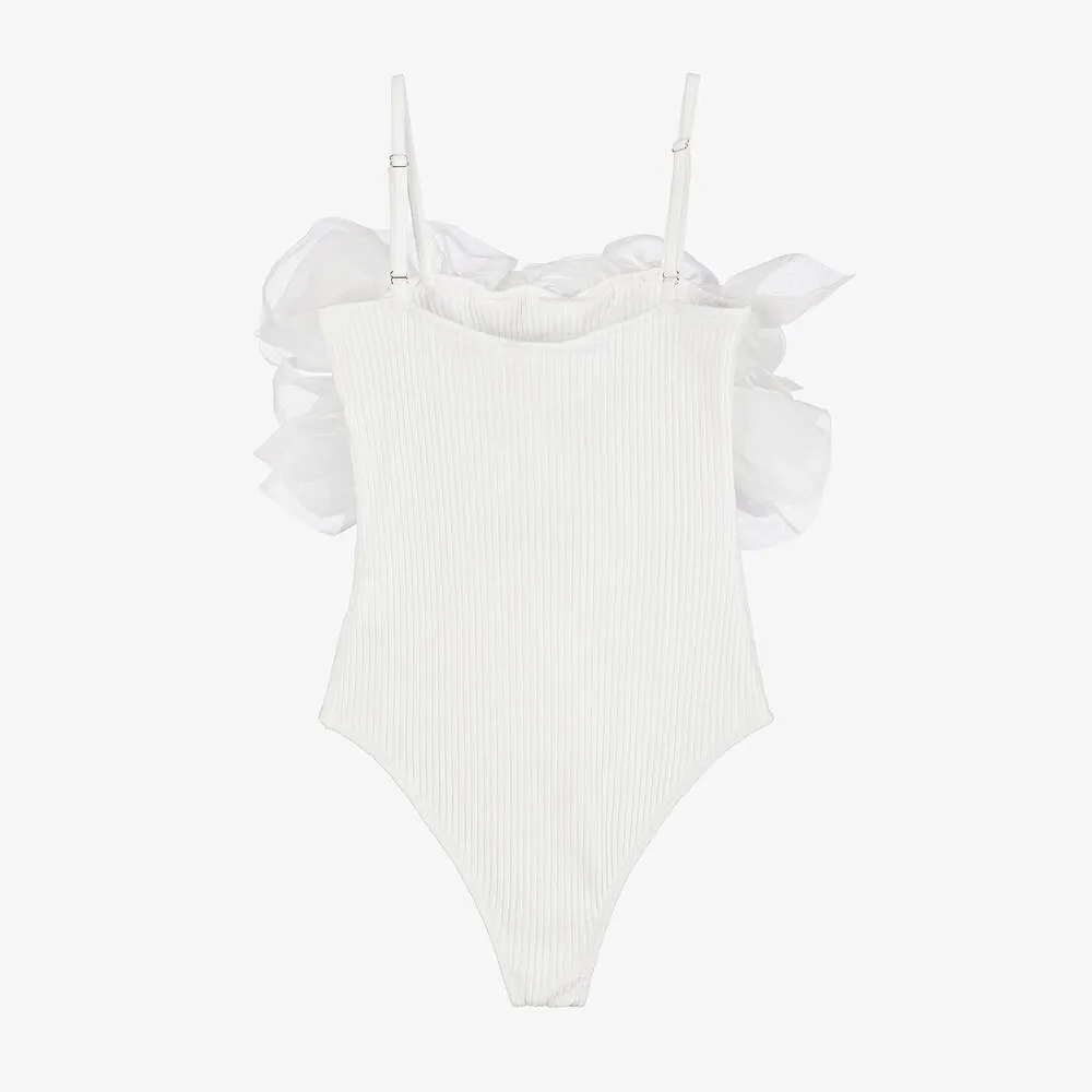 Girls White Cotton & Organza Bodysuit