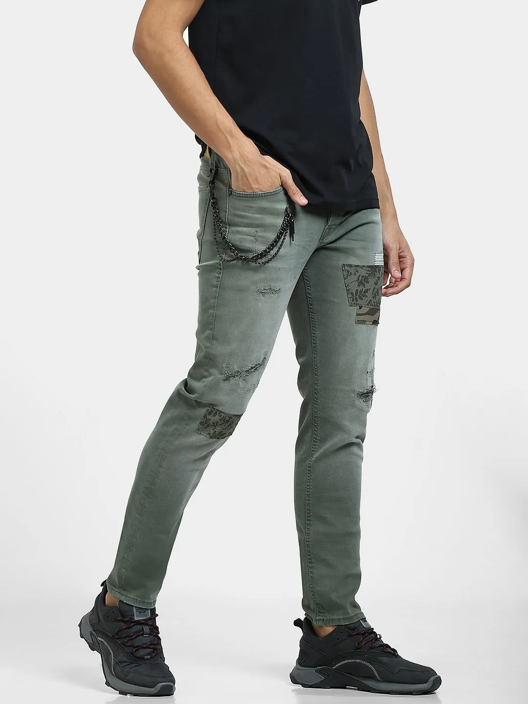 Green Low Rise Patch Work Slim Fit Jeans