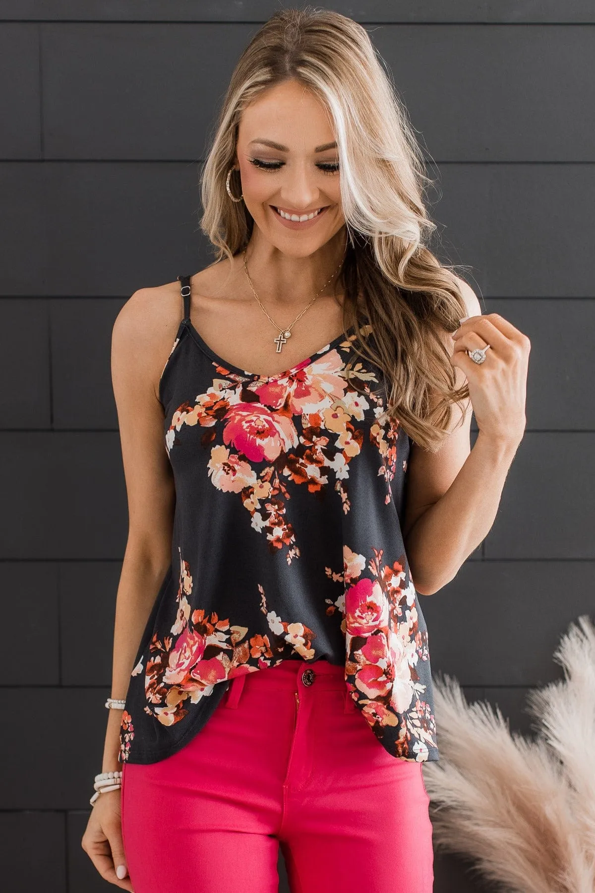 Head Held High Floral Tank Top- Charcoal