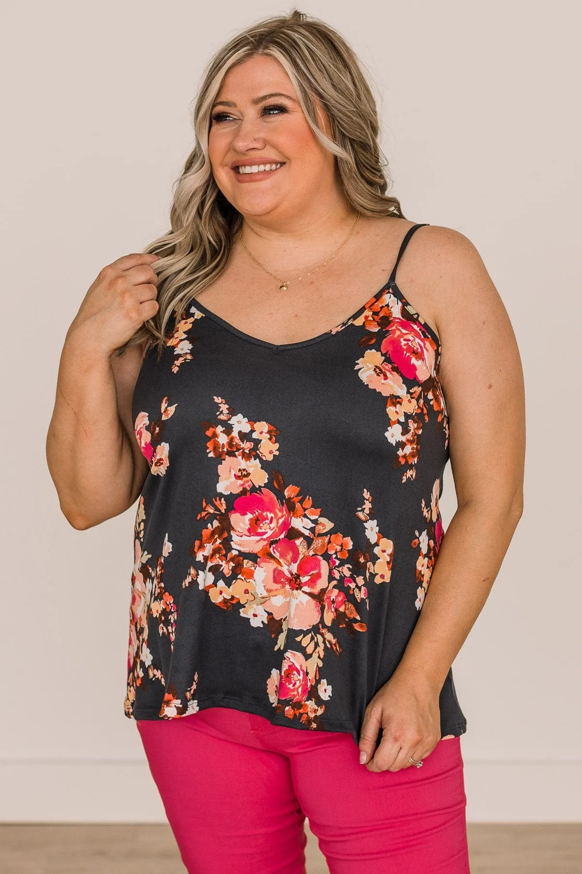 Head Held High Floral Tank Top- Charcoal