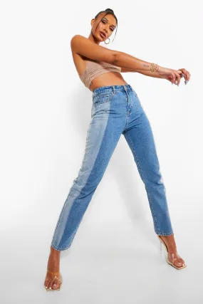 High Waist Contrast Denim Mom Jeans